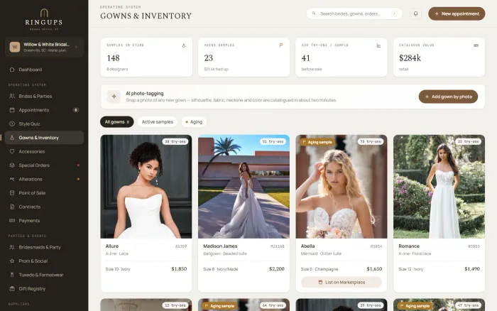 The RingUps gown catalogue, showing floor inventory, try-on counts, aging samples and a purchase order held for a dye-lot mismatch