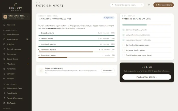 The RingUps switch-and-import screen, reconciling a migration against an old system's own export