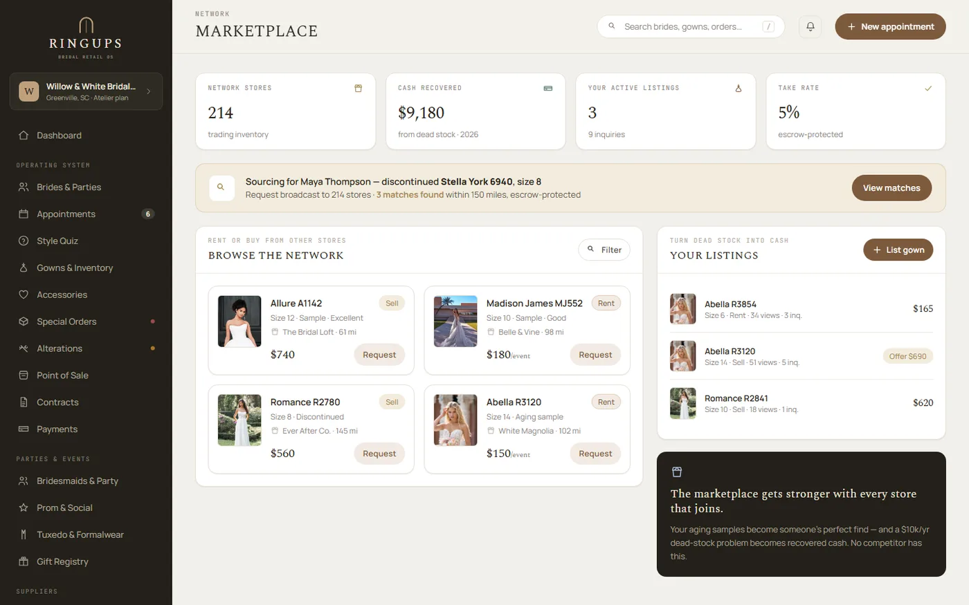 RingUps marketplace screen showing a gown listing with its condition tier, flaw note, photograph count and store-to-store price, and a second listing still in draft with the gate items it is missing