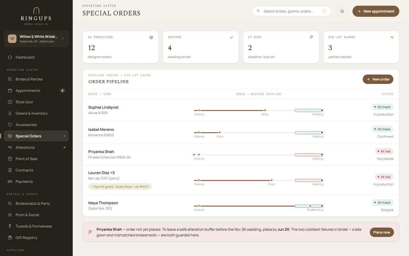 The RingUps ordering board showing open special orders sorted by risk, with past due, at risk, needs wedding date and on track states colour coded