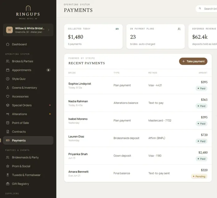 The RingUps payments screen, showing recent payments, deposits held as a liability and revenue recognized on delivery